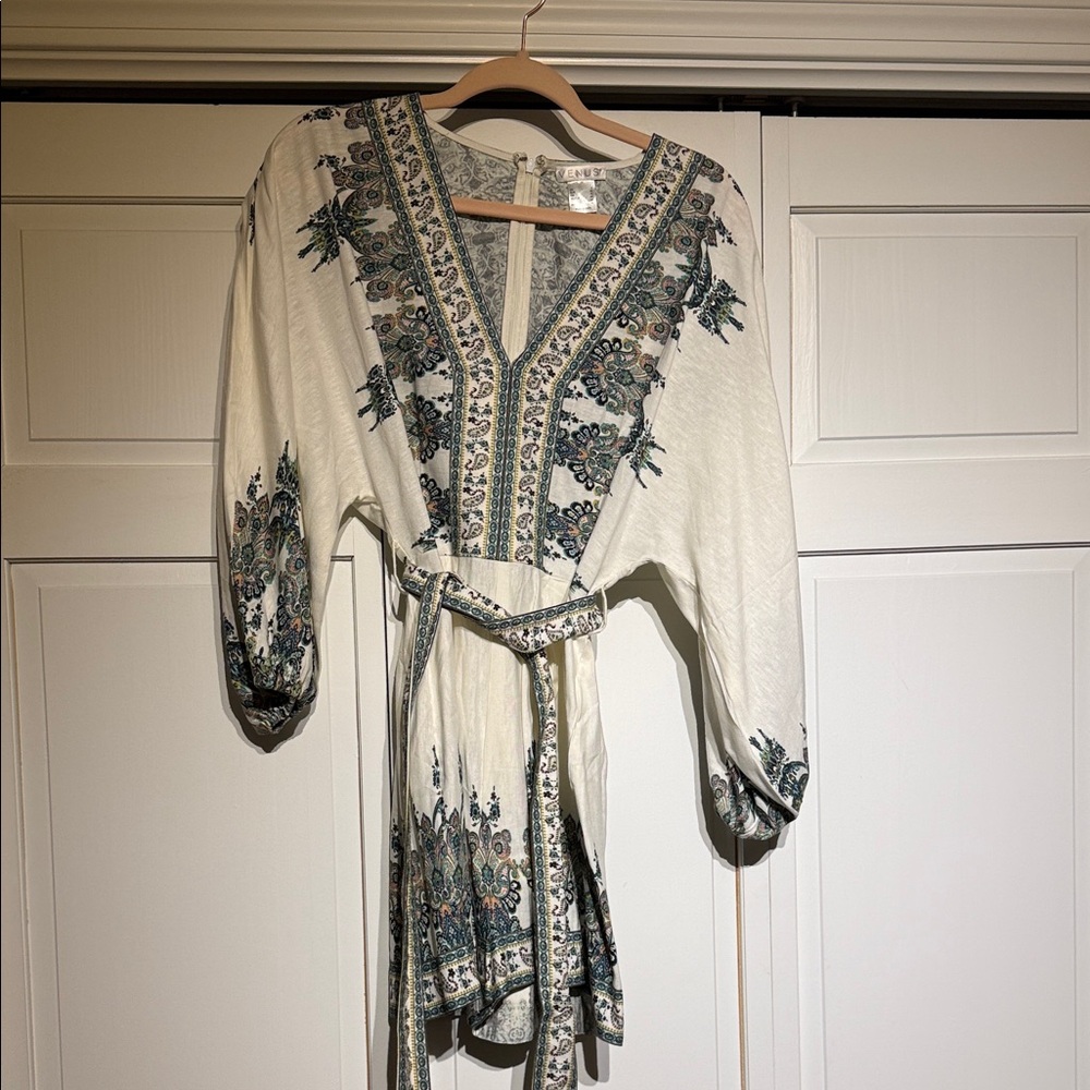 VENUS Cream Boho Embroidered V-Neck Waist-Tie Romper